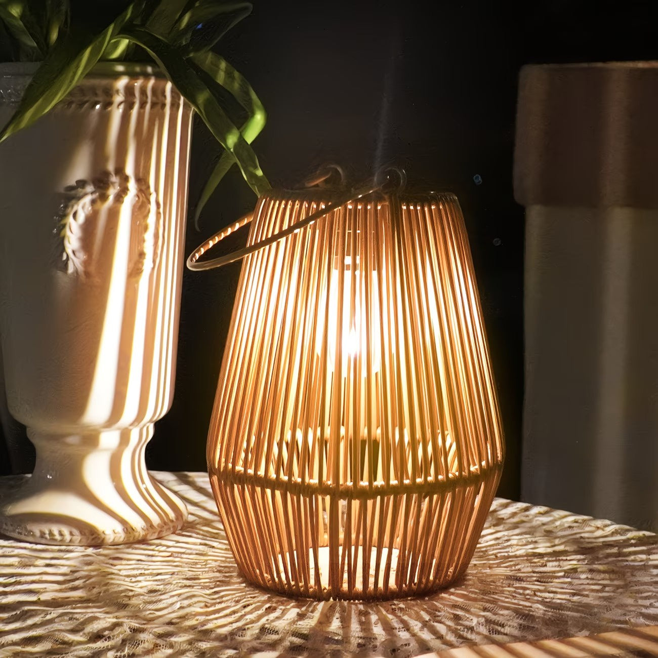 Solar-Powered Bamboo Lantern with Handle