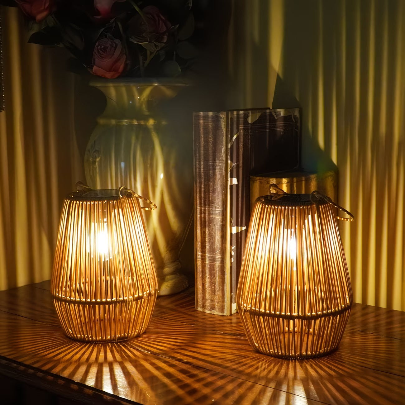 Solar-Powered Bamboo Lantern with Handle