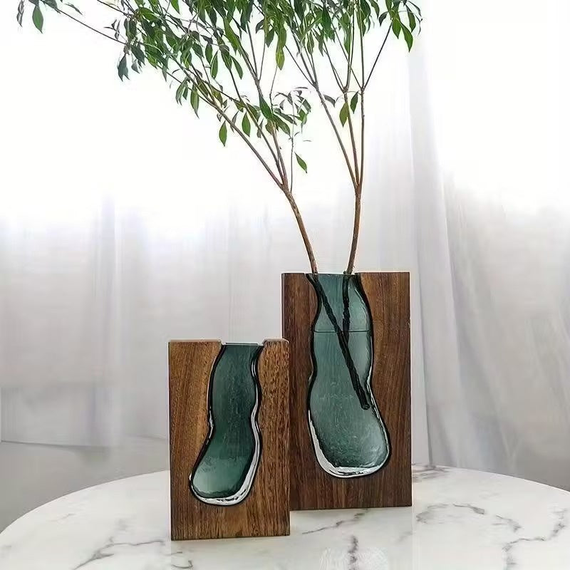 Wooden Vase Set with Glass Insert